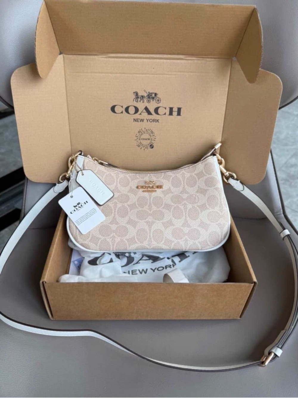 Coach Cream Signature Shoulder Bag with White Trim
